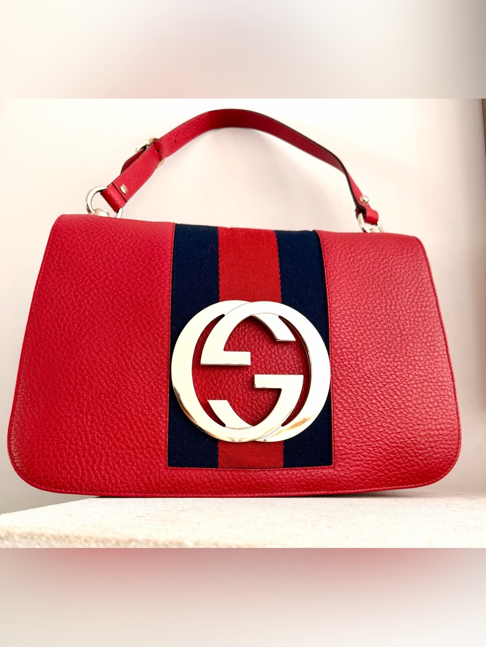 GUCCI RARE Vintage Red Leather Web Stripe Oversized GG Shoulder Bag